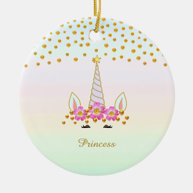Cute Unicorn, Flowers & Gold Confetti Ceramic Ornament (Front)