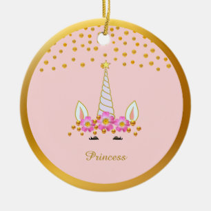 Cute Unicorn, Flowers & Gold Confetti Ceramic Ornament