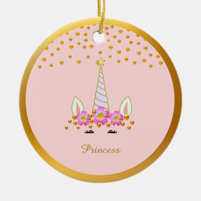 Cute Unicorn, Flowers & Gold Confetti Ceramic Ornament (Front)