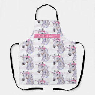 Cute Unicorn Flowers on Head Stripe Background Apron