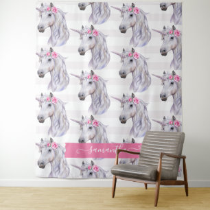 Cute Unicorn Flowers on Head Stripe Background Tapestry