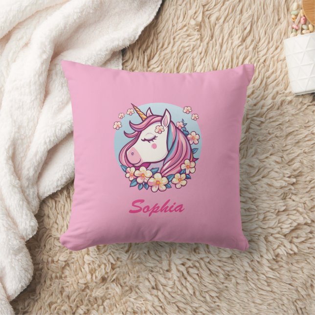 Cute Unicorn & Flowers, Personalise Name Cushion (Blanket)