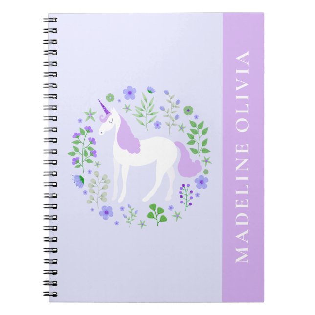 Cute Unicorn Flowers Purple Personalised Name Notebook (Front)