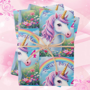 Cute Unicorn Girl' Rainbow Cute Birthday Wrapping Paper Sheet