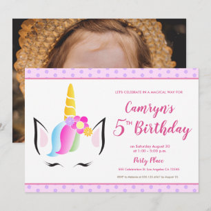 Cute Unicorn Girl's 5th birthday Party photo Invitation