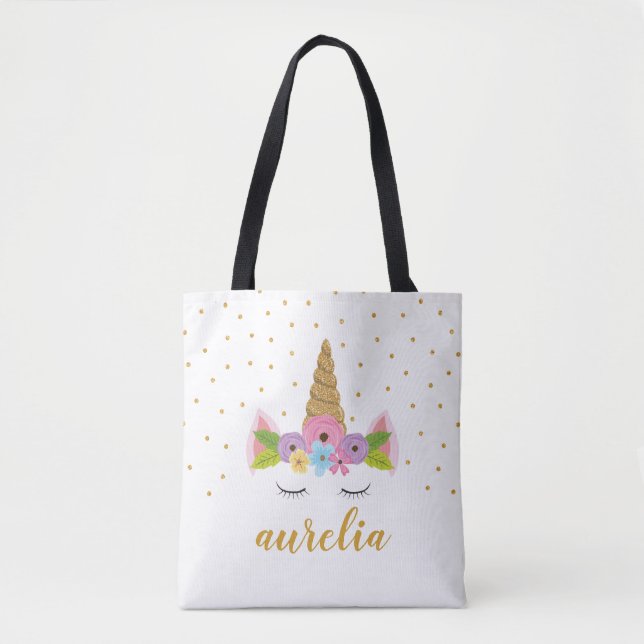 Cute Unicorn Girly Tote bag with Custom Name (Front)