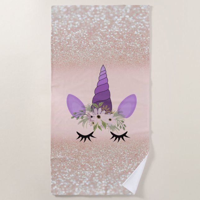 Cute Unicorn, Glitter Bokeh Beach Towel (Front)