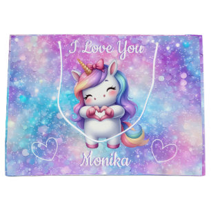 Cute Unicorn Glitter I Love You Personalised Name Large Gift Bag