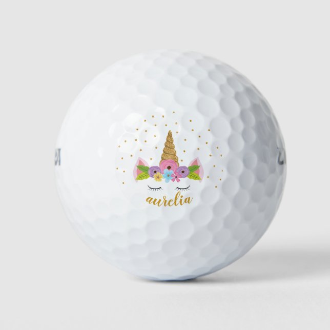 Cute Unicorn Gold Glitter Girly Custom Name Golf Balls (Front)