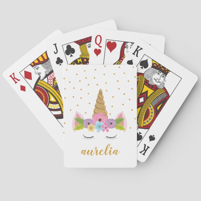 Cute Unicorn Gold Glitter Girly Custom Name Playing Cards (Back)