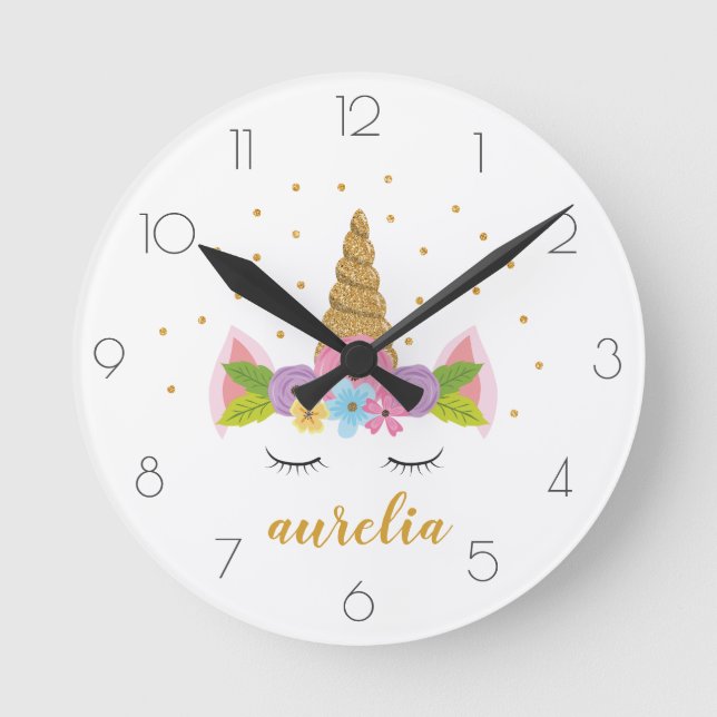 Cute Unicorn Gold Glitter Girly Custom Name Round  Clock (Front)