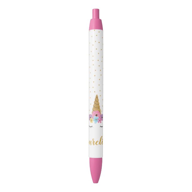 Cute Unicorn Gold Glitter Pink Chic Custom Name Black Ink Pen (Front Vertical)