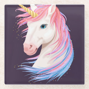 Cute unicorn, golden horn illustration. glass coaster