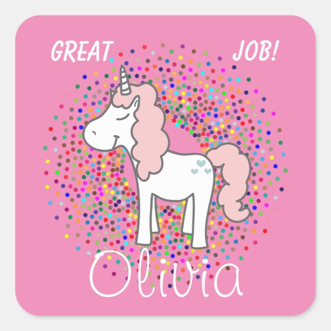 Cute Unicorn Great Job! [Insert Child's Name]  Square Sticker (Front)