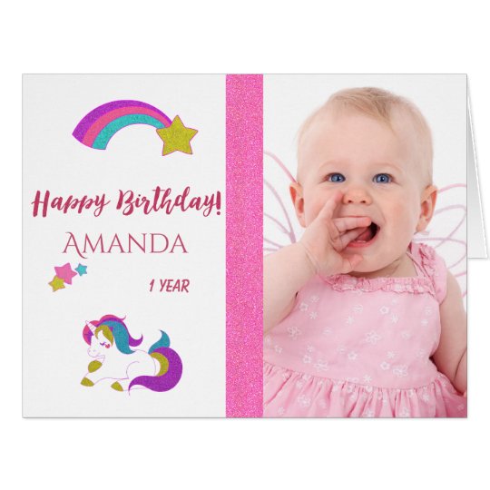 Cute unicorn happy 1st magical birthday with photo card