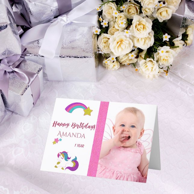 Cute unicorn happy 1st magical birthday with photo card (Creator Uploaded)