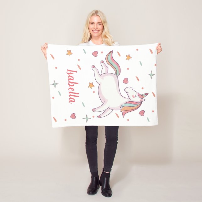 Cute Unicorn Hearts and Stars Personalised Fleece Blanket (In Situ)