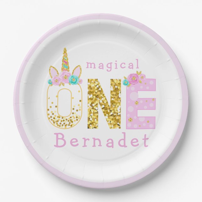 Cute Unicorn Horn 1st Birthday Gold Glitter Paper Plate (Front)
