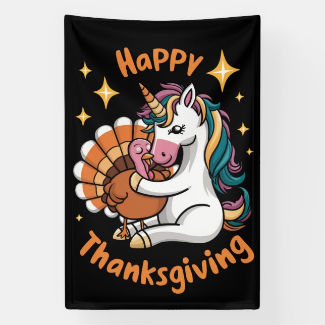 Cute Unicorn Hugs Turkey Happy Thanksgiving Girls  Banner (Vertical)