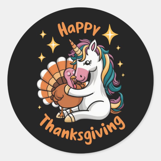 Cute Unicorn Hugs Turkey Happy Thanksgiving Girls  Classic Round Sticker (Front)