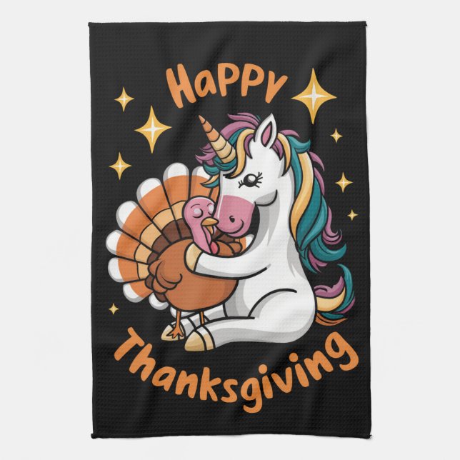Cute Unicorn Hugs Turkey Happy Thanksgiving Girls  Tea Towel (Vertical)
