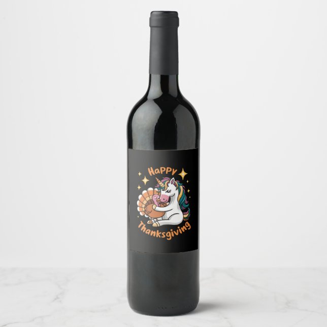 Cute Unicorn Hugs Turkey Happy Thanksgiving Girls  Wine Label (Front)