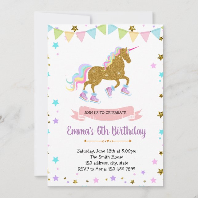 Cute unicorn ice skate theme invitation (Front)