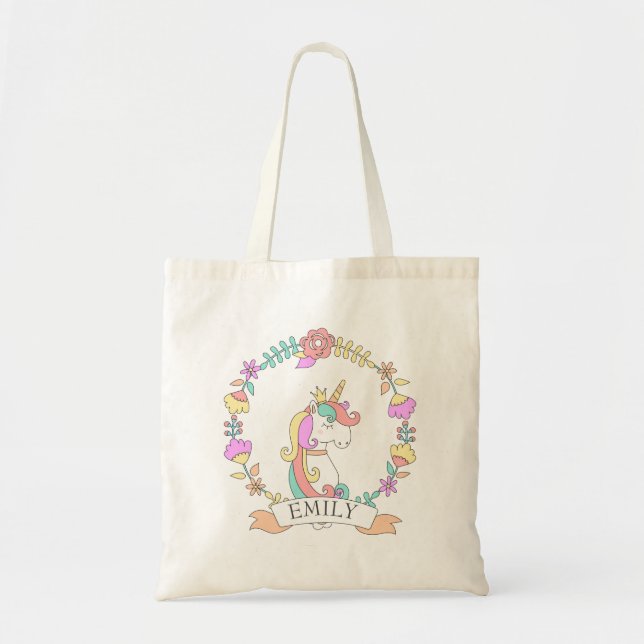 Cute Unicorn Illustration Girl's Name Tote Bag (Front)