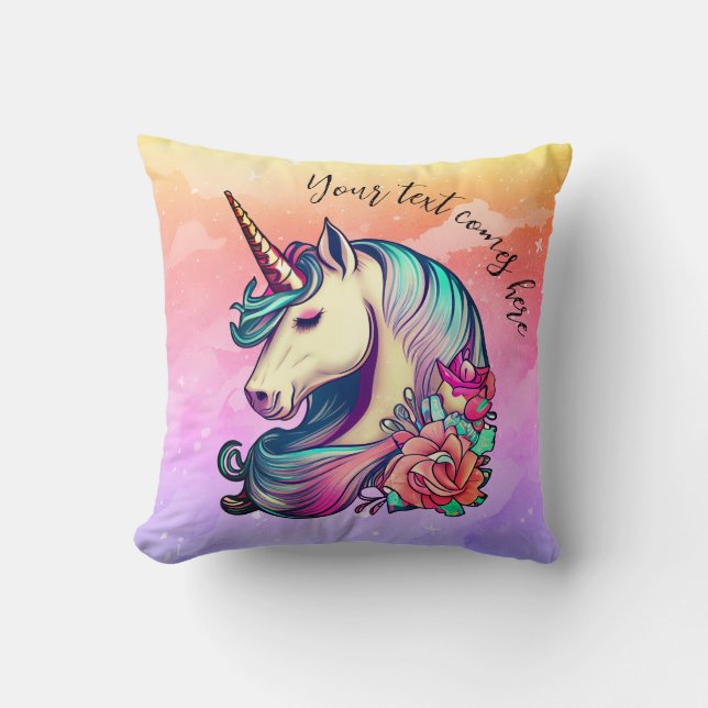 Cute Unicorn in Colourful Sky Cushion (Front)