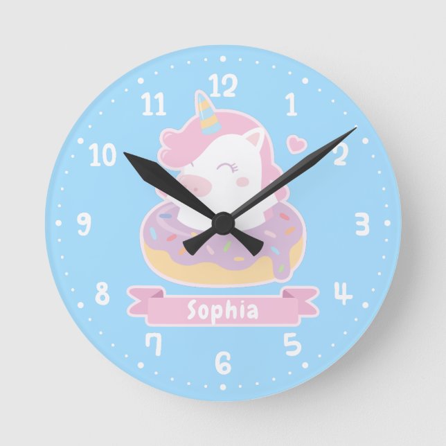 Cute Unicorn in Doughnut Girls Room Wall Clock (Front)