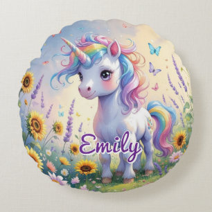 Cute Unicorn in Flower Garden Round Pillow
