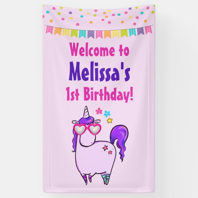 Cute Unicorn in Heart Shaped Glasses 1st Birthday Banner (Vertical)