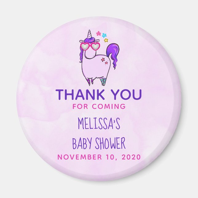 Cute Unicorn in Heart Shaped Glasses Baby Shower Magnet (Front)