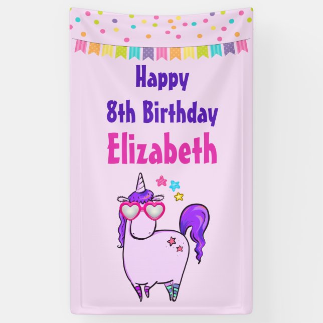 Cute Unicorn in Heart Shaped Glasses Birthday Banner (Vertical)