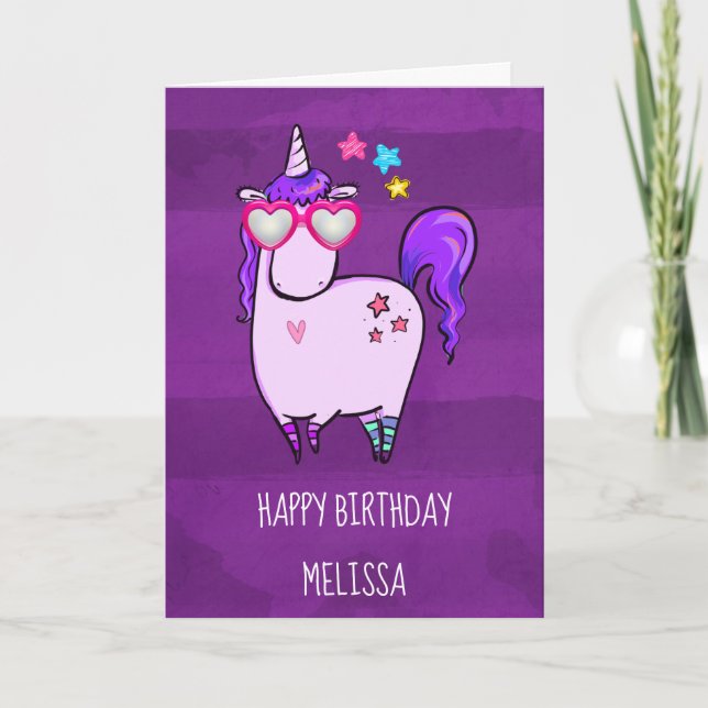 Cute Unicorn in Heart Shaped Glasses Birthday Card (Front)