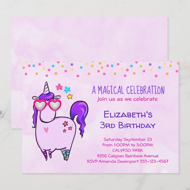 Cute Unicorn in Heart Shaped Glasses Birthday Invitation (Front/Back)