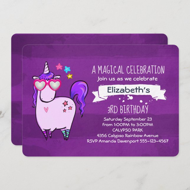 Cute Unicorn in Heart Shaped Glasses Birthday Invitation (Front/Back)