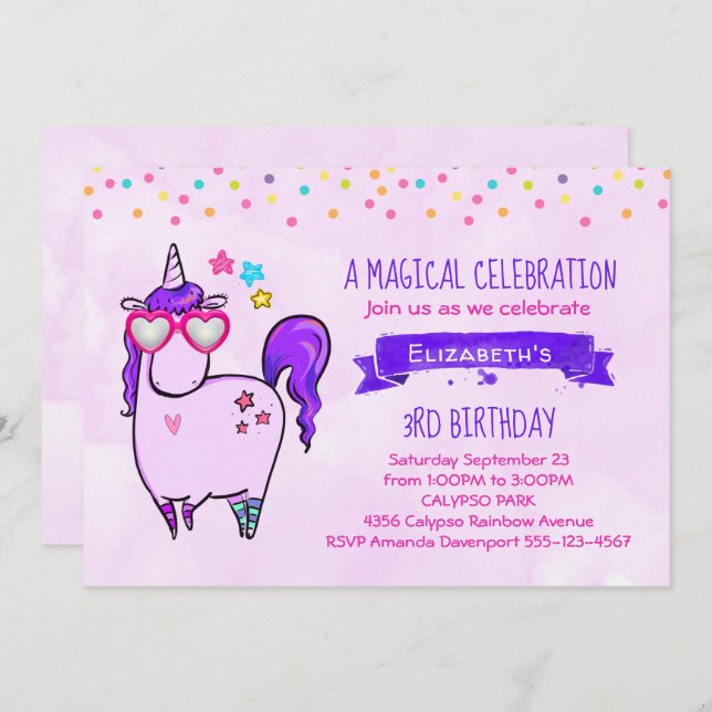 Cute Unicorn in Heart Shaped Glasses Birthday Invitation (Front/Back)