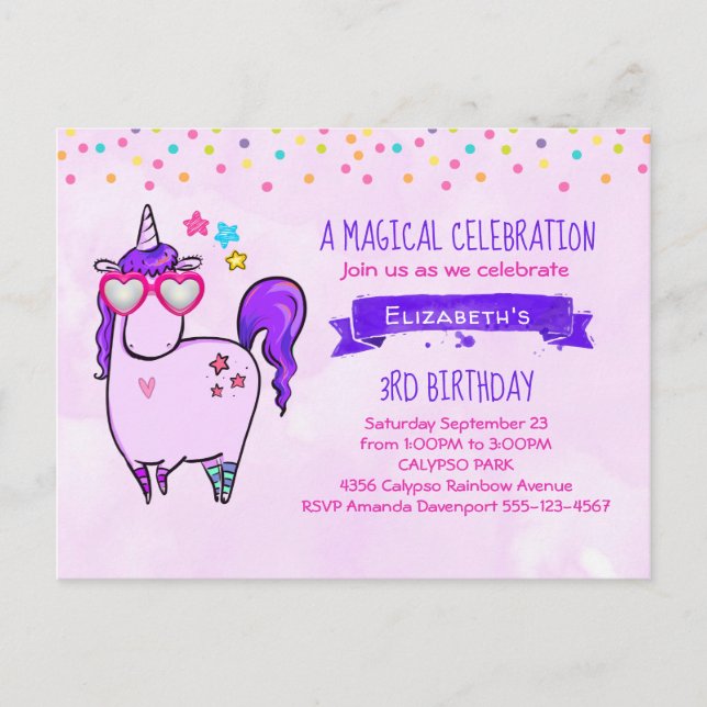 Cute Unicorn in Heart Shaped Glasses Birthday Invitation Postcard (Front)
