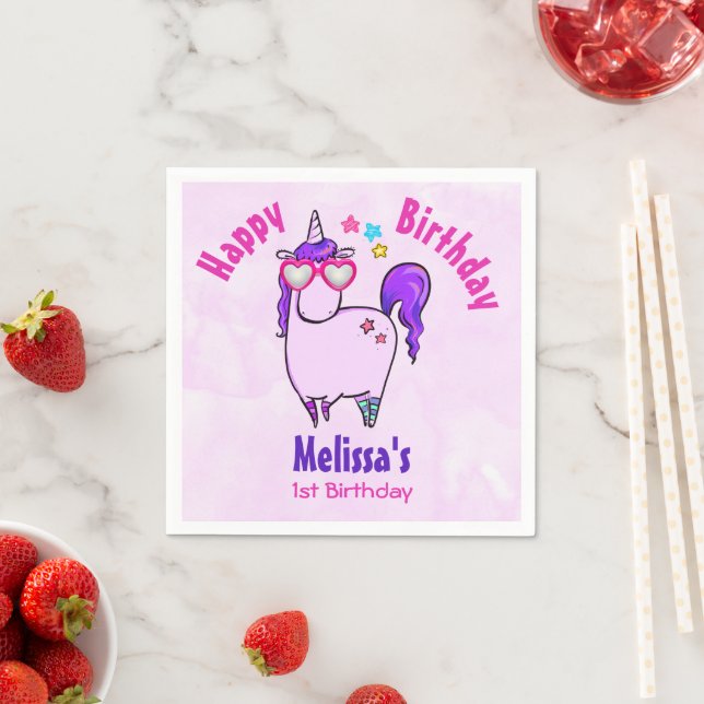 Cute Unicorn in Heart Shaped Glasses Birthday Napkin (Insitu)