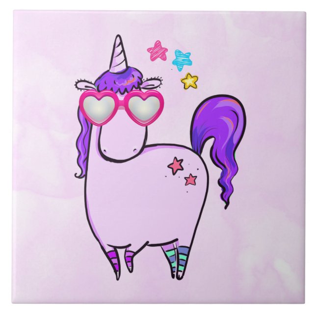 Cute Unicorn in Heart Shaped Glasses Ceramic Tile (Front)