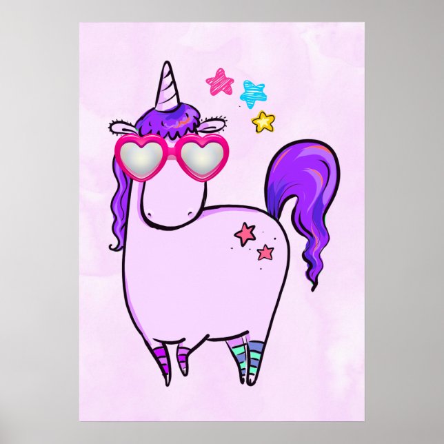 Cute Unicorn in Heart Shaped Glasses Poster (Front)