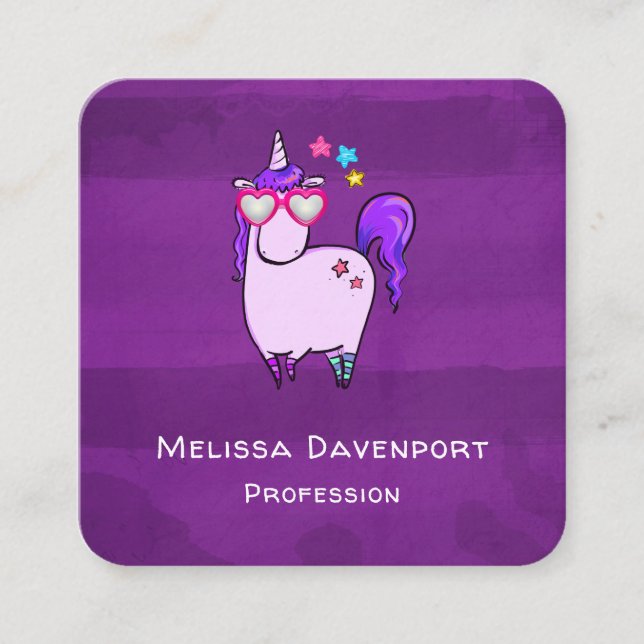 Cute Unicorn in Heart Shaped Glasses Square Business Card (Front)