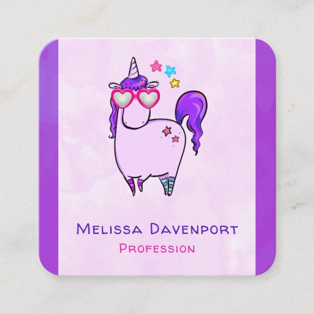 Cute Unicorn in Heart Shaped Glasses Square Business Card (Front)