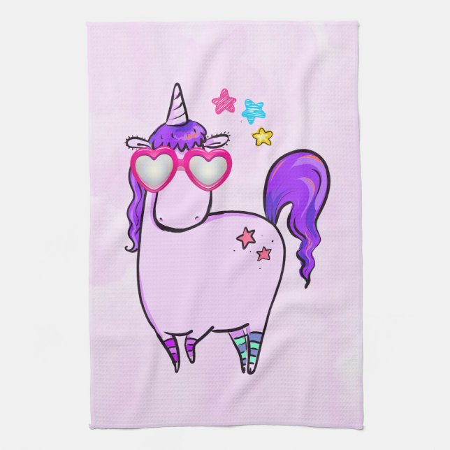 Cute Unicorn in Heart Shaped Glasses Tea Towel (Vertical)