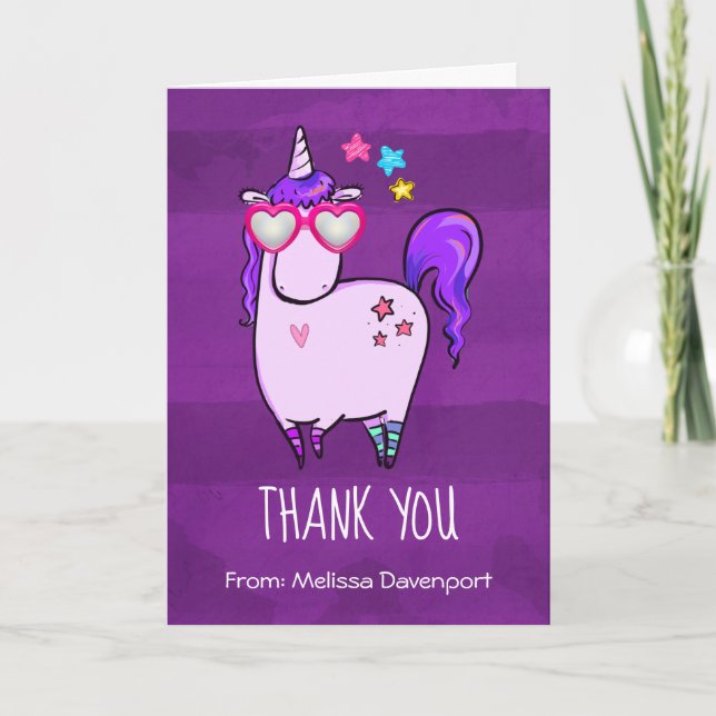 Cute Unicorn in Heart Shaped Glasses Thank You Card (Front)