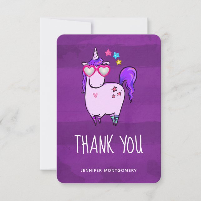 Cute Unicorn in Heart Shaped Glasses Thank You Card (Front)