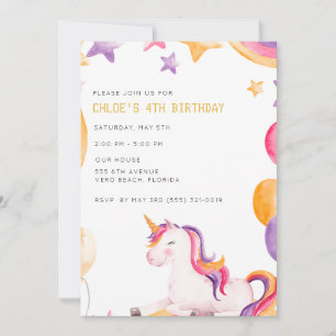Cute Unicorn Kids Girl Birthday Party Invitation