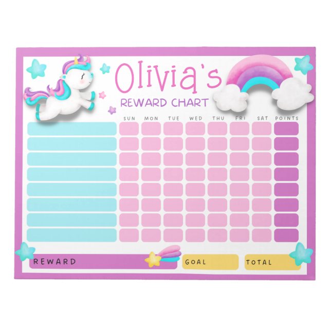 Cute Unicorn Kids Reward Chart for Daily Routine Notepad (Front)
