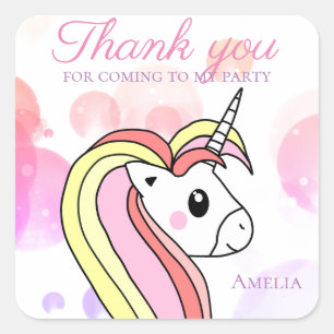 Cute Unicorn Kids Thank you Birthday Party Square Sticker